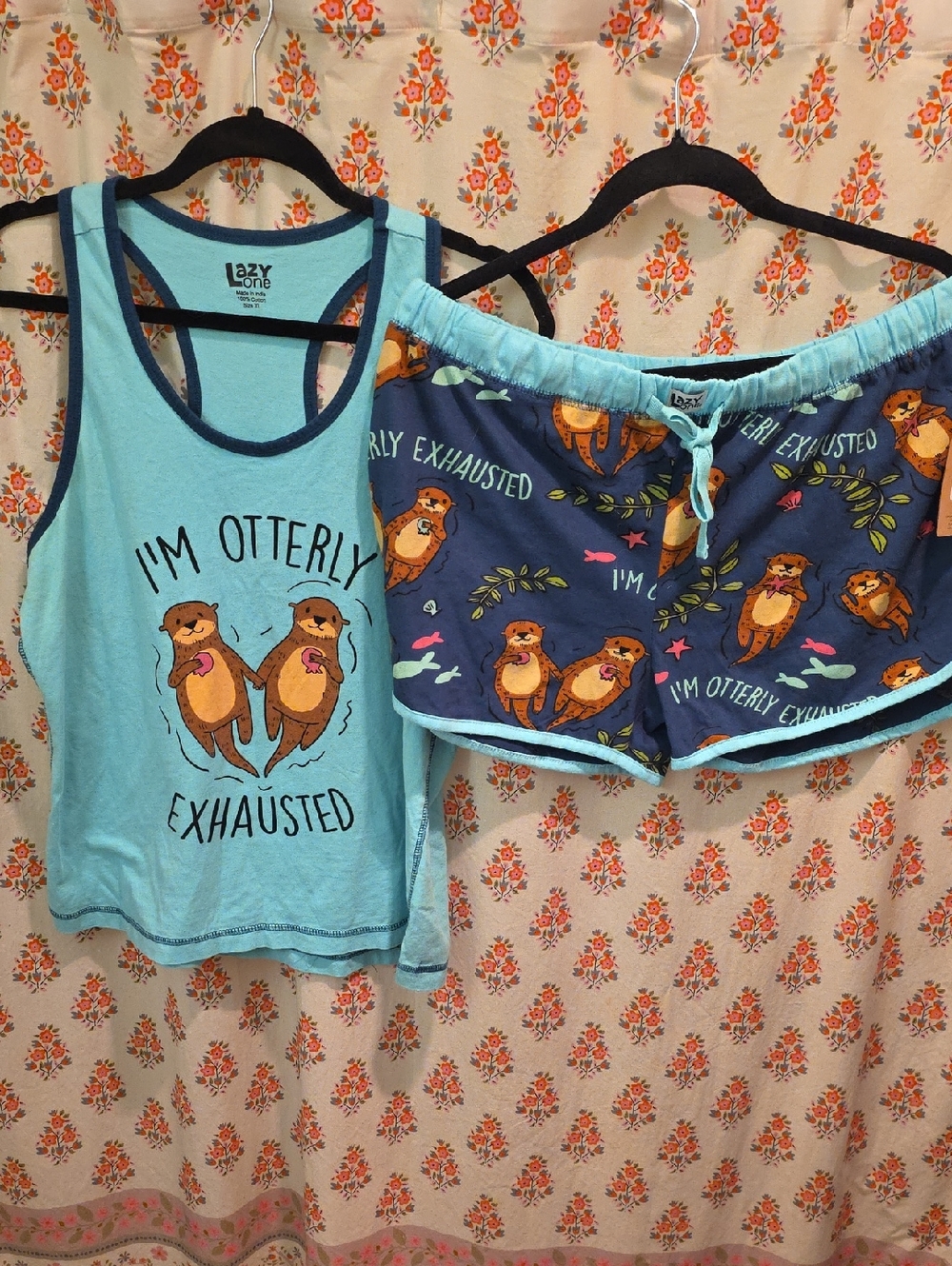 Lazy One Women's Light Blue Tank & Navy Otter-Print Shorts Sleep Set
